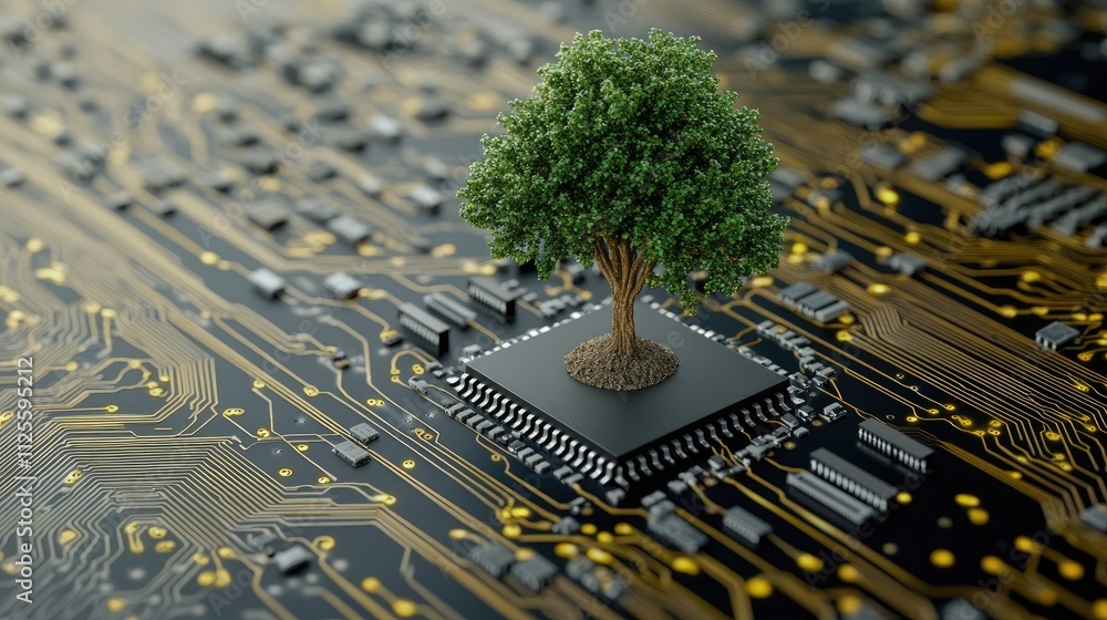 Poster tree growth on circuit board representing nature and technology fusion