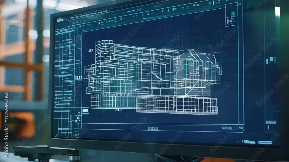 Poster computer monitor displays a complex 3d model, rotating slowly, in a factory. an engineer may be work
