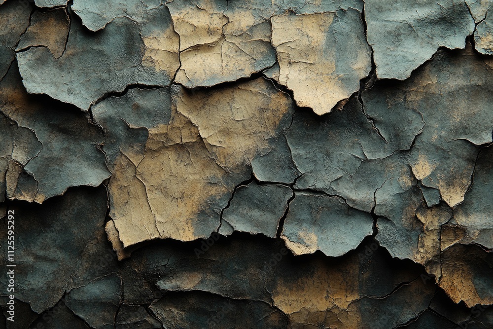 Poster close-up view of a cracked paint surface with flakes and cracks