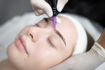 Naklejka premium A woman receives a meticulous permanent makeup procedure on her eyebrows at a beauty salon. The technician applies color with precision, ensuring a natural look.