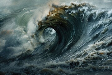A massive ocean wave breaking in the center of a body of water, ideal for use in scenes about nature, adventure, or thrill-seeking