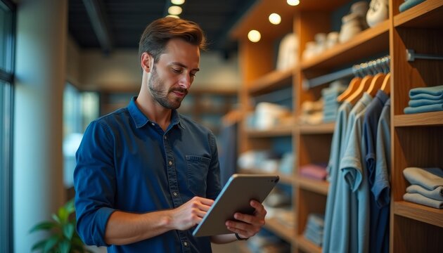 A young Caucasian man uses a tablet in a modern clothing store, surrounded by neatly arranged garments on wooden shelves.