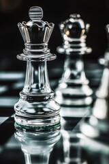 Glass chess pieces arranged on a traditional chess board