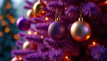 A vibrant purple Christmas tree adorned with gold and purple ornaments, creating a festive atmosphere with warm lights in the background.
