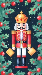 A nutcracker surrounded by holly, pinecones, and berries, set against a snowy and magical backdrop