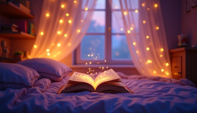 A magical open book with glowing pages on a cozy bed, surrounded by twinkling fairy lights in a serene bedroom setting.