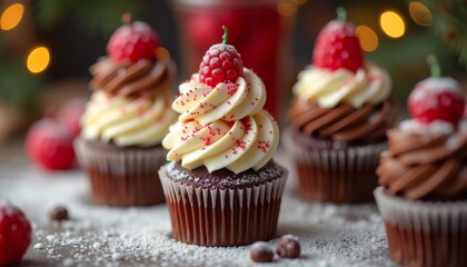 Chocolate cupcakes topped with swirls of vanilla and chocolate frosting and a fresh raspberry garnish, dusted with powdered sugar, creating a festive and sweet treat.