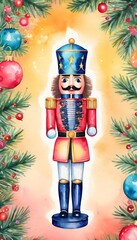 A nutcracker surrounded by holly, pinecones, and berries, set against a snowy and magical backdrop