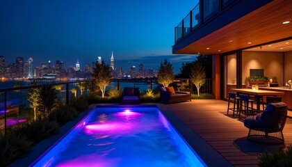 Obraz premium Luxurious rooftop terrace with a glowing pool and breathtaking city skyline views illuminated under an evening sky.