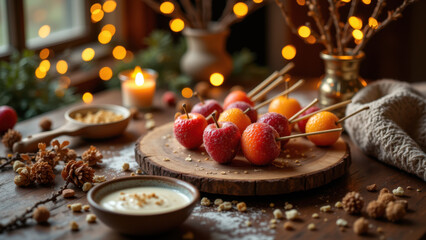Festive display with fruit on sticks and condiments.