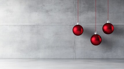 Red Christmas Ornaments Hanging Against Modern Concrete Background