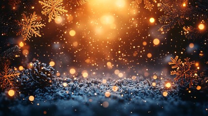 Naklejka premium Golden glowing Christmas frame background with flakes