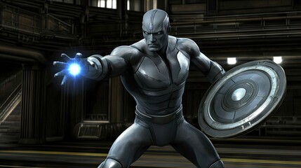 Dynamic Silver Character Engaging in Action with Futuristic Shield