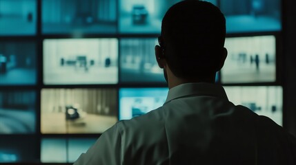 Man is looking at a computer screen with multiple monitors