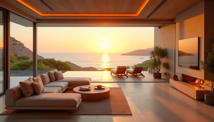 Modern living room with a stunning ocean view at sunset, featuring sleek furniture, cozy fireplace, and warm ambient lighting enhancing the serene atmosphere.