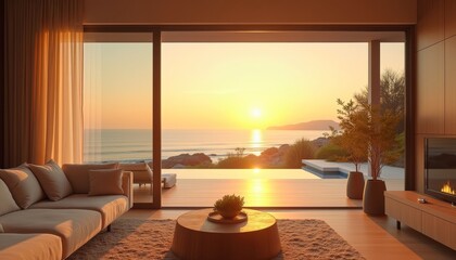 Luxury beachfront living room with panoramic ocean sunset view and elegant decor for a serene, modern ambiance.