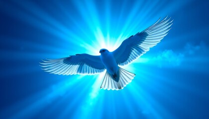Fototapeta premium A white dove soars against a radiant blue background, symbolizing peace and freedom.