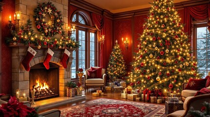 Warm and festive Christmas living room with a beautifully decorated tree and stockings hung by the fireplace.