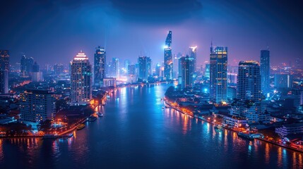 Fototapeta premium Night cityscape, river, buildings, lights, city, skyline.