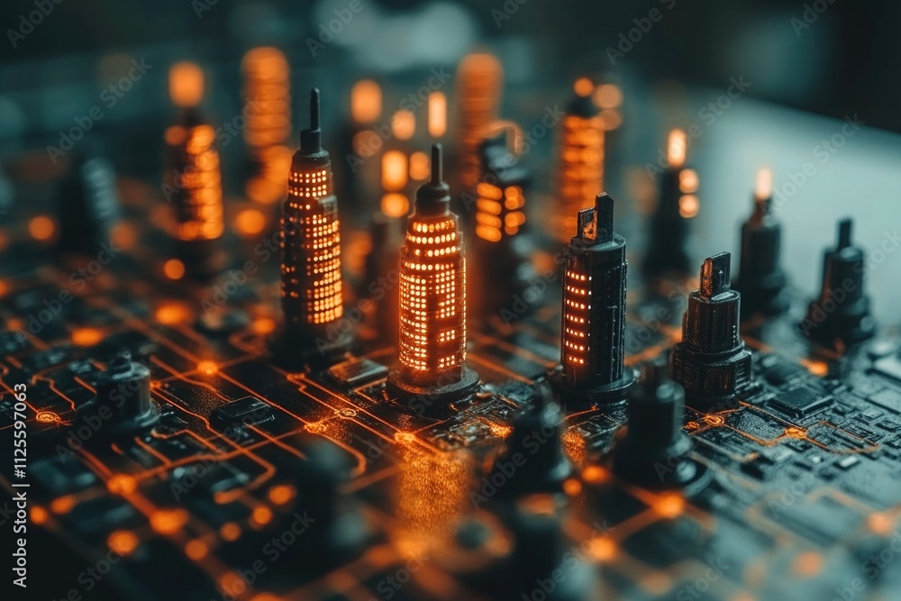 Aufkleber close-up of a circuit board with a city skyline visible through the components