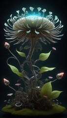 A futuristic plant with glowing elements and intricate mechanical details.