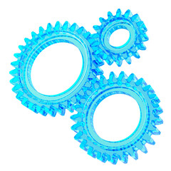 Glass cogs or blue gears, industrial business logotype. 3D rendering isolated on transparent background