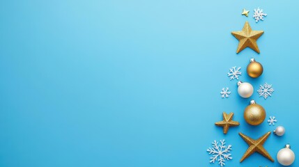 Fototapeta premium A dazzling Xmas tree of golden stars and baubles, set against a serene blue backdrop, perfect for festive cheer