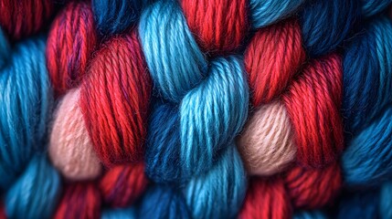 Closeup of braided yarn in red and blue color, showcasing interwoven strands with a soft and detailed texture