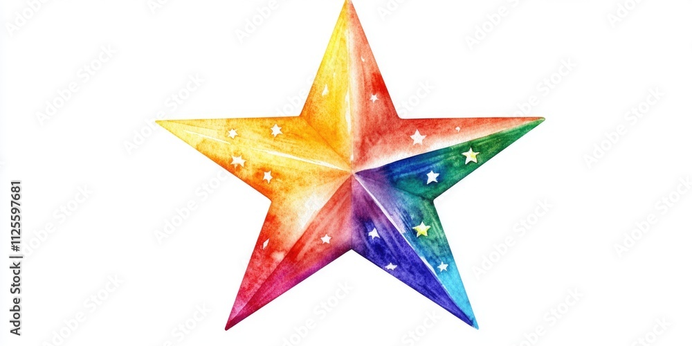 Poster a colorful watercolor illustration of a star in the shape of a rainbow, perfect for use as a decorat