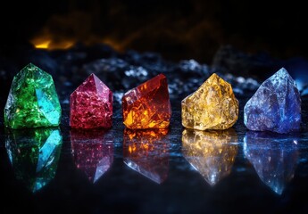 Naklejka premium Vibrant Collection of Colorful Crystals Reflecting Light on a Dark Surface, Showcasing the Beauty and Diversity of Precious Stones in Various Shapes