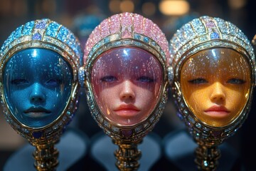 A collection of life-sized mannequins with unique facial features and colorful skin tones