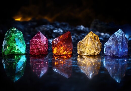 Vibrant Collection of Colorful Crystals Reflecting Light on a Dark Surface, Showcasing the Beauty and Diversity of Precious Stones in Various Shapes