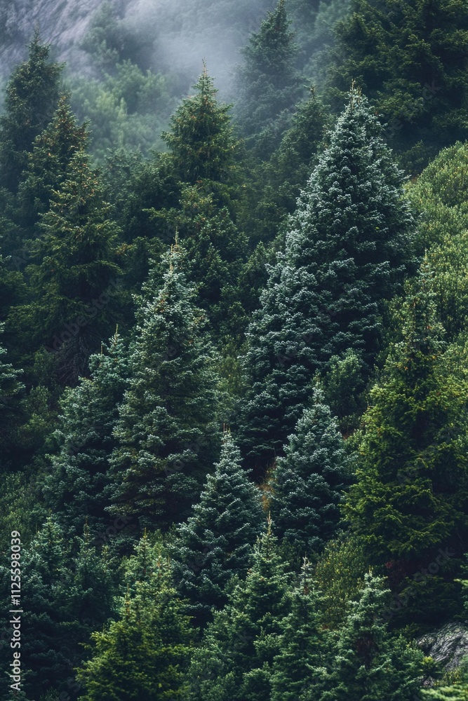 Poster A dense cluster of pine trees stands tall in a serene forest environment