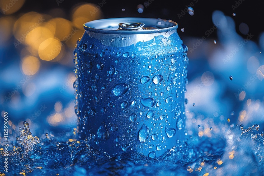 Poster a close-up photo of a can of soda with water droplets on it