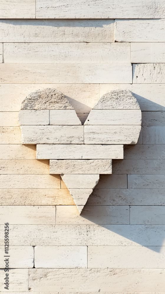 Poster shadows cast by architectural elements form a heart shape on a textured wall, illuminated by warm ev