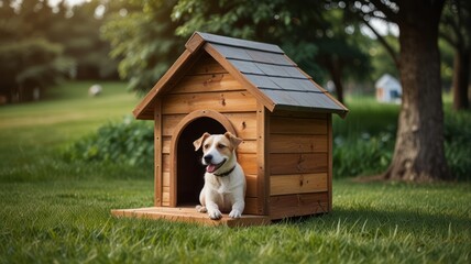 Fototapeta na wymiar Happy dog relaxing in its wooden house outdoors.