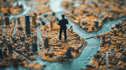 Miniature city model showcases intricate architecture and waterways, with a figure standing on the landscape using a device, highlighting urban planning and technology integration