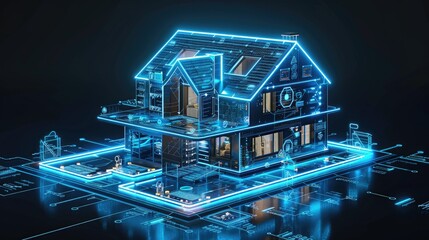 Obraz premium Smart home technology blueprint, digital house model with glowing lines and icons.
