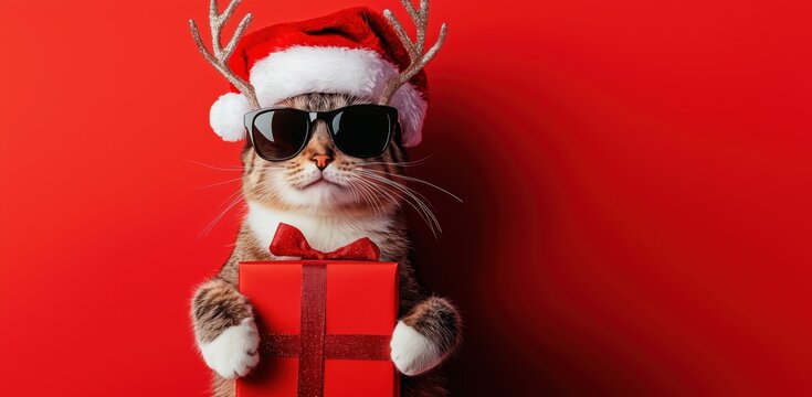 A white cat dressed in a Santa outfit with reindeer antlers and sunglasses, sitting next to a wrapped gift against a red background.