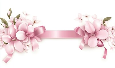 Vector clipart of a pastel pink invitation template with floral decoration and ribbon elements, isolated on a white background.