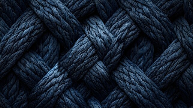 Detailed closeup of blue braided rope showcasing thick interwoven strands in a textured and sturdy design