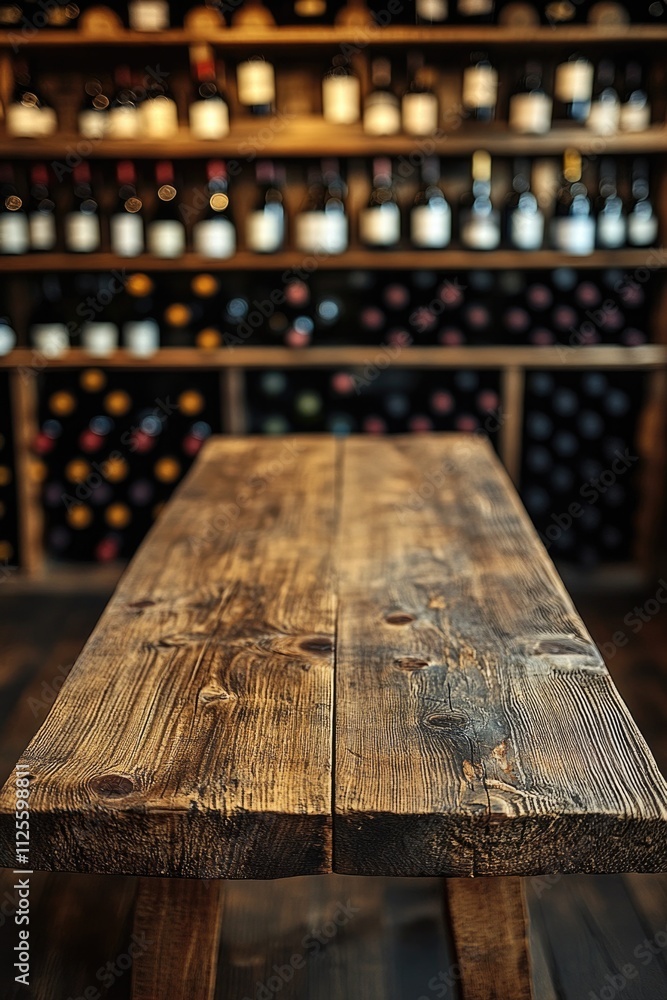 Poster A wooden table with empty wine bottles in the background, great for use as a prop or decorative element