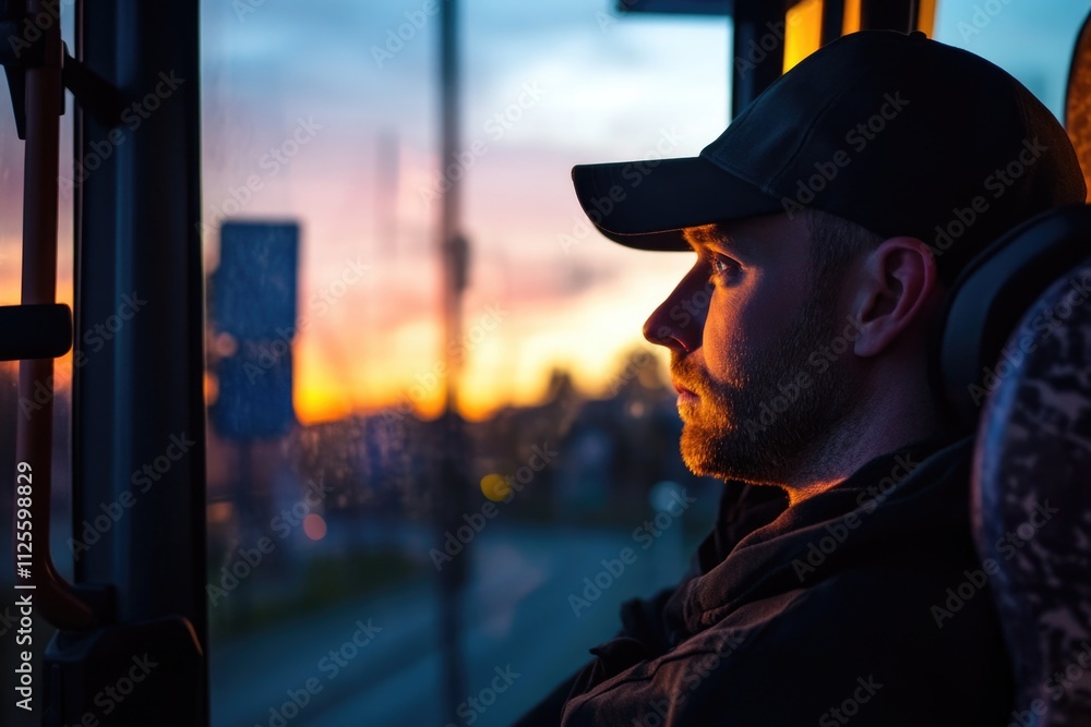 Poster a person sitting on a bus gazing out the window, possibly lost in thought