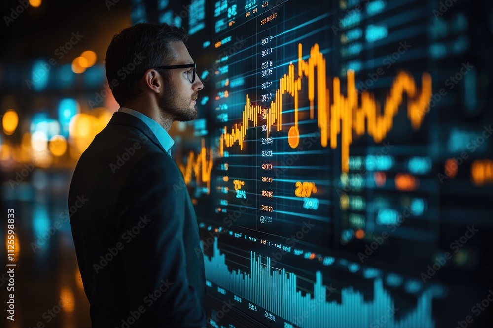 Aufkleber A person standing in front of a stock market display screen, showing various financial data and statistics