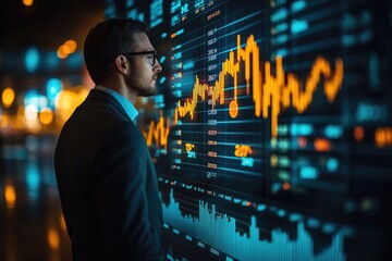 Fototapeta premium A person standing in front of a stock market display screen, showing various financial data and statistics