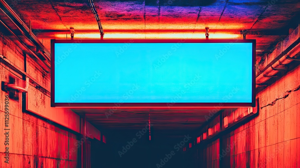 Poster neon frame in tunnel with vibrant colors and empty space for text