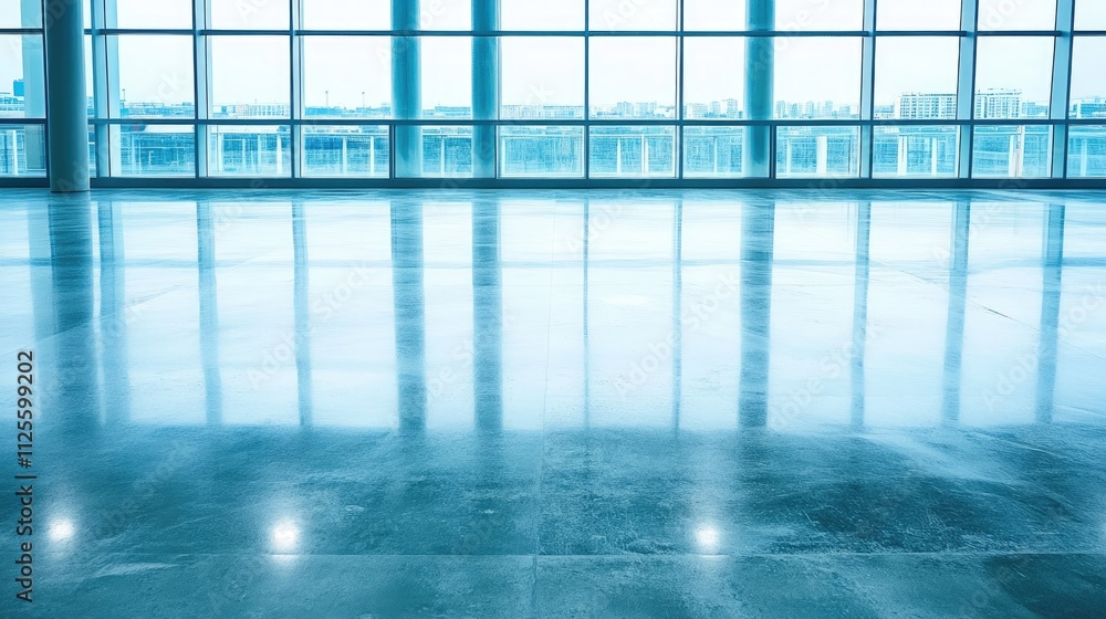 Poster modern empty space with large windows and reflections on the floor