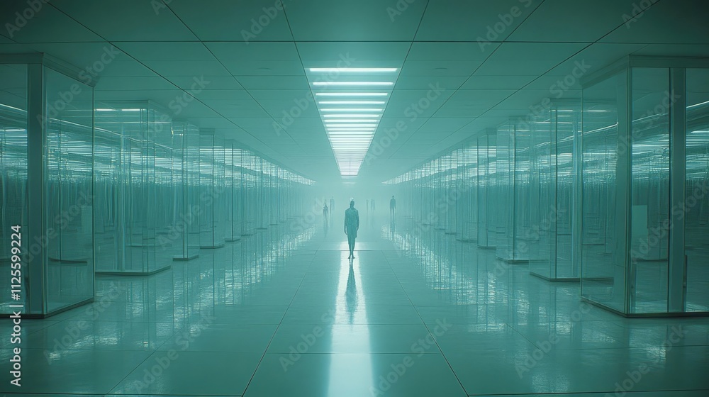 Poster futuristic corridor with mist and reflections creating a surreal atmosphere