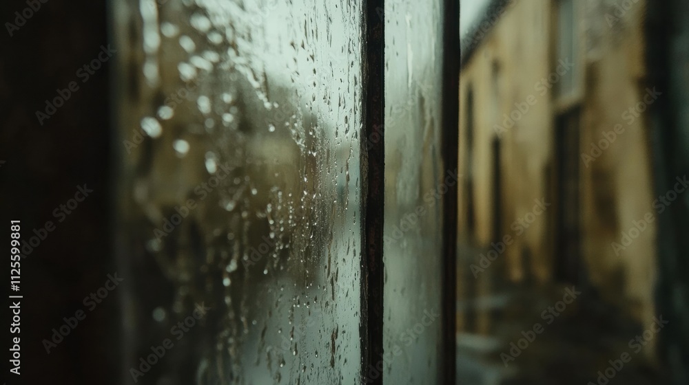 Aufkleber raindrops cling to a window while an empty street stretches into the distance, creating a calm and r