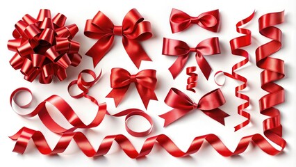 A collection of decorative red ribbons in multiple shapes, including curled and banner styles, ideal for Christmas and festive decorations set against a white background.